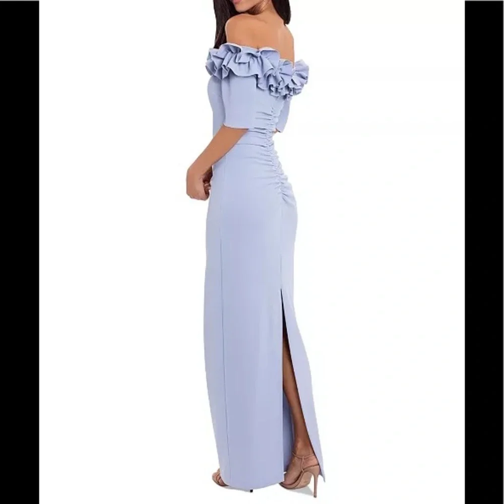 Xscape Long Blue Ruffle Dress - Picture 2 of 8